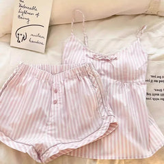 Pink Striped Spaghetti Strap Top And Shorts Pajamas Set