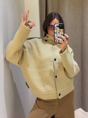 Turtleneck Knitted Stripe Textured Short Cardigan