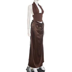 Halter Deep V Neck Top And Maxi Skirt Satin Ruched Set