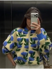 Embroidered Knit 3D Floral Print Zip Up Jacket