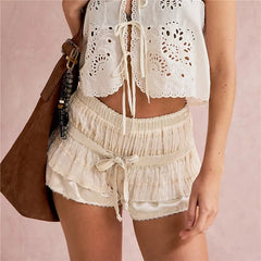 Layered Ribbon Decor Ruched Shorts