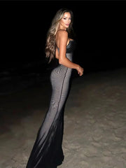 Black Pu Leather Patchwork Layered Mesh Maxi Dress