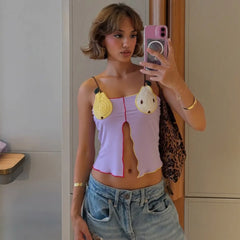 Fruit Embroidery Split Crop Top - Sweet Backless Cami