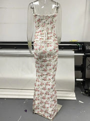 White Floral Spaghetti Strap Tie Up Maxi Dress