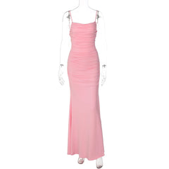 Solid Backless Lace-up Spaghetti Strap Maxi Dress