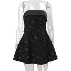Black Satin Trim Flower Embroidery Mini Dress