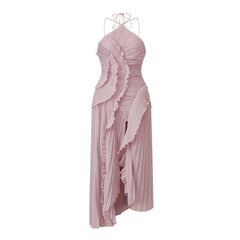 Spaghetti Strap Pleated Irregular Ruffle Desgin Long Dress