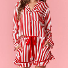 Striped Satin Bow Tie Long Sleeve Shirt And Ruffled Shorts Pajama Set