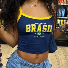 Women's blue Brasil print flag cami crop top.