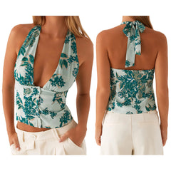 Printed Tie-up Halter Deep V-Neck Crop Top