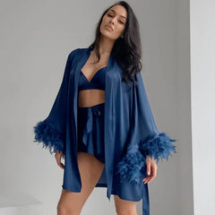 Satin Cami Top And Shorts With Fur Trim Rode Nightgown Three-piece Set