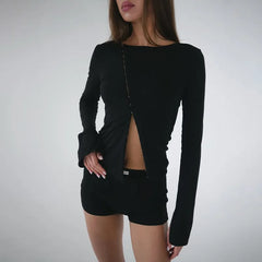 Button Long Sleeve Hollowed Out Top