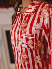 Satin Gingerbread Print Long Sleeve Shirt And Wide Leg Pants Pajamas Set