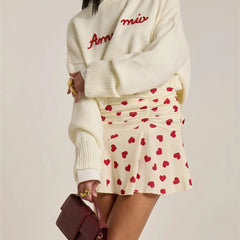 Pleated Heart Printed Mini Skirt