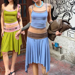 Blue Layered Cami Tank Top And Asymmetrical Hem Midi Skirt Set