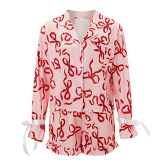 Bow Print Satin Button Up Top And Ruffled Hem Shorts Pajama Set