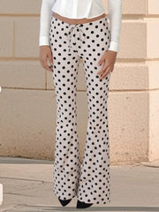 Satin Polka Dot Drawstring Flare Leg Trousers