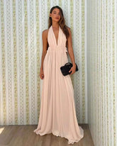 Pink Deep V-neck Backless Halter Maxi Dress