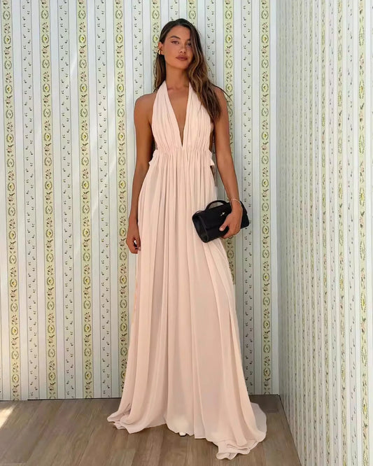 Pink Deep V-neck Backless Halter Maxi Dress