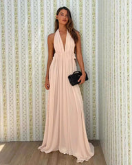 Pink Deep V-neck Backless Halter Maxi Dress