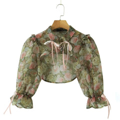 Green Floral Mesh Strapless A-line Mini Dress With Removable High Collar Bow Sleeves