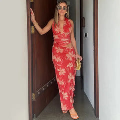 Red Printed Mesh Halter Deep Neck Cut Out Maxi Dress