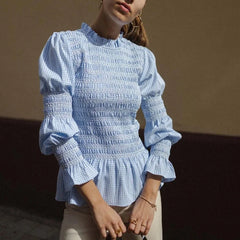 Pink Plaid Long Lantern Sleeve Smocked Top