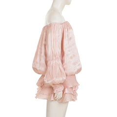 Satin Off Shoulder Lantern Sleeve Ruffled Mini Dress