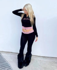 Black Lace Patchwork Zipper Sweatshirt And Track Pants Set