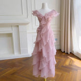 Pink Butterfly Sleeve Asymmetrical V-neck Tiered Ruffle Midi Dress