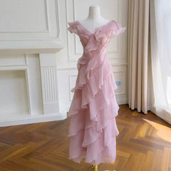 Pink Butterfly Sleeve Asymmetrical V-neck Tiered Ruffle Midi Dress