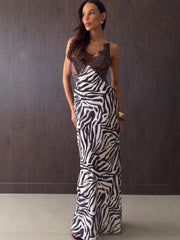 Lace Patchwork Zebra Stripe Print Maxi Dress