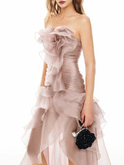 Strapless Mesh Ruffles Fringe Midi Dress