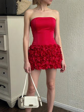 Red Satin Corset Top And 3d Flower Mini Skirt Set
