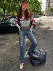 Striped Rainbow Knitted Cropped Cardigan And Blue Knit Pants Set