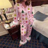 Christmas Tree Printed Button Down Top with Pants Pj Set