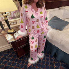 Christmas Tree Printed Button Down Top with Pants Pj Set