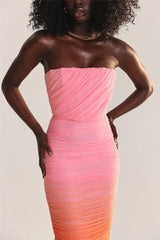 Pink Gradient Strapless Ruched Maxi Dress