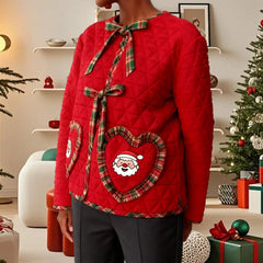 Christmas Quilted Santa Claus Embroidery Heart Pockets Jacket