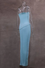 Blue Ribbed knit Strapless Long Dress