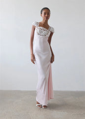 Lace Trim Short Sleeve Satin Maxi Dress