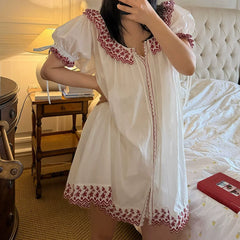 White Embroidered Collar Mini Night Gown