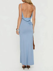 Blue Knit Spaghetti Strap Crochet Flower Maxi Dress