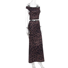 Leopard Print Off Shoulder Crop Top And Maxi Skirt Set