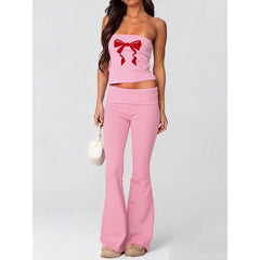 Bowknot Print Tube Top And Foldable Waist Flare Pants Set