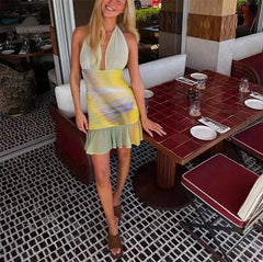 Printed Deep Halter Ruched Pleated Hem Mini Dress