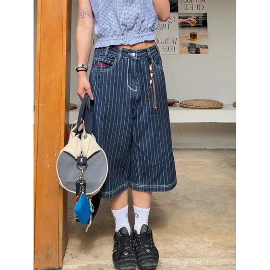Blue Calf Length Cargo Baggy Denim Trousers