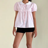 Pink Short Sleeve Collar Babydoll Blouse