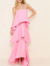 Pink Spaghetti Strap Layered Tiered Long Dress