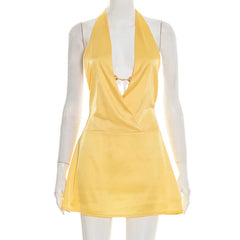 Yellow Satin Plunge Halter Mini Dress
